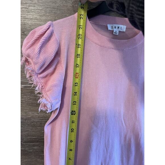 THML Women S Top Tee Shirt Blouse Flutter Raw Hem Sleeve Barbie Pink Preppy Knit - Picture 4 of 7